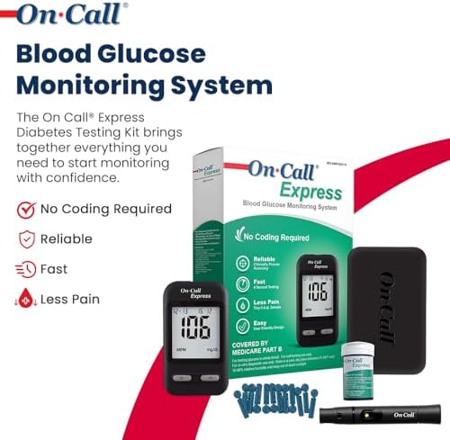 On Call Express Diabetes Testing Kit- Blood Glucose Meter, 10 Blood Test Strips, 1 Lancing Device, 30g Lancets, Control Solution, Carrying Case