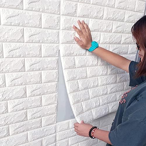 MYOYAY 10 Pcs 3D Wall Panels Peel and Stick 27.5 x 30.3 Inch (in Sum 57 sq.ft.) White Brick Wallpaper Self-Adhesive Foam Wall Panels for Living Room