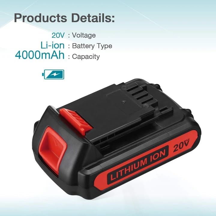 LBXR20 20V 4.0Ah Replacement for Black and Decker 20V Lithium Battery Max LB20 LBX20 LBXR20-OPE LBXR2020-OPE LBXR20B-2 LST220 LST300 20-Volt Max