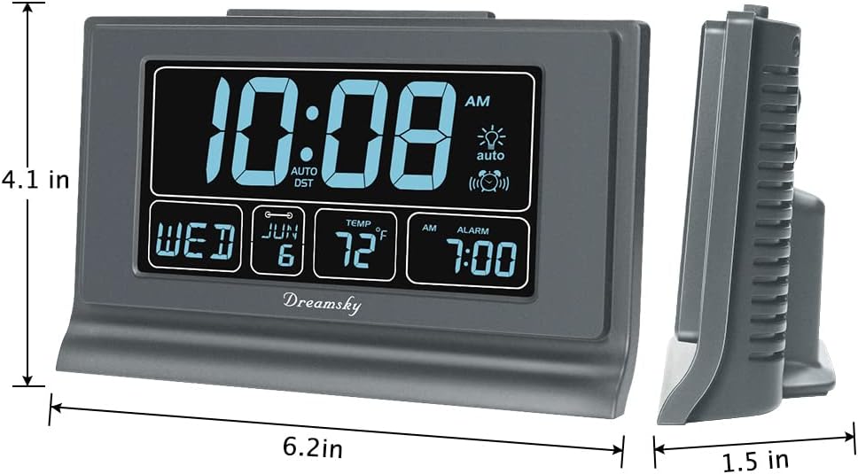 DreamSky Alarm Clocks for Bedrooms with Battery Backup, Auto Set | Digital Clock with Date & Day of Week, 5 Inch Large Display, Weekday, Temperature, USB Port, Auto DST, Brightness Dimmer