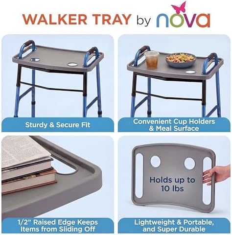 NOVA Walker Tray Table with Spill-Proof Raised Edges and Two Cup Holders and for Seniors, Standard Folding Walker Accessory, 16 x 23 Inch