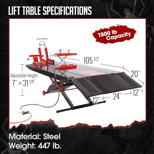 Motorcycle Lift Table, Pneumatic, 1,500 lb, ProLift, 31.25" H, Black Widow | Jack included, raise bike for service, maintenance, repair, handy, compressed air (compressor not included), push mower