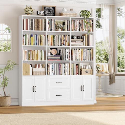 HOSTACK 71" Tall Triple Wide Bookshelf with Storage Drawers & Doors, Green | Large Bookcase with Cabinet, Modern 6-Tier Open Display Shelves, Wood Book Shelf for Living Room, Home Office