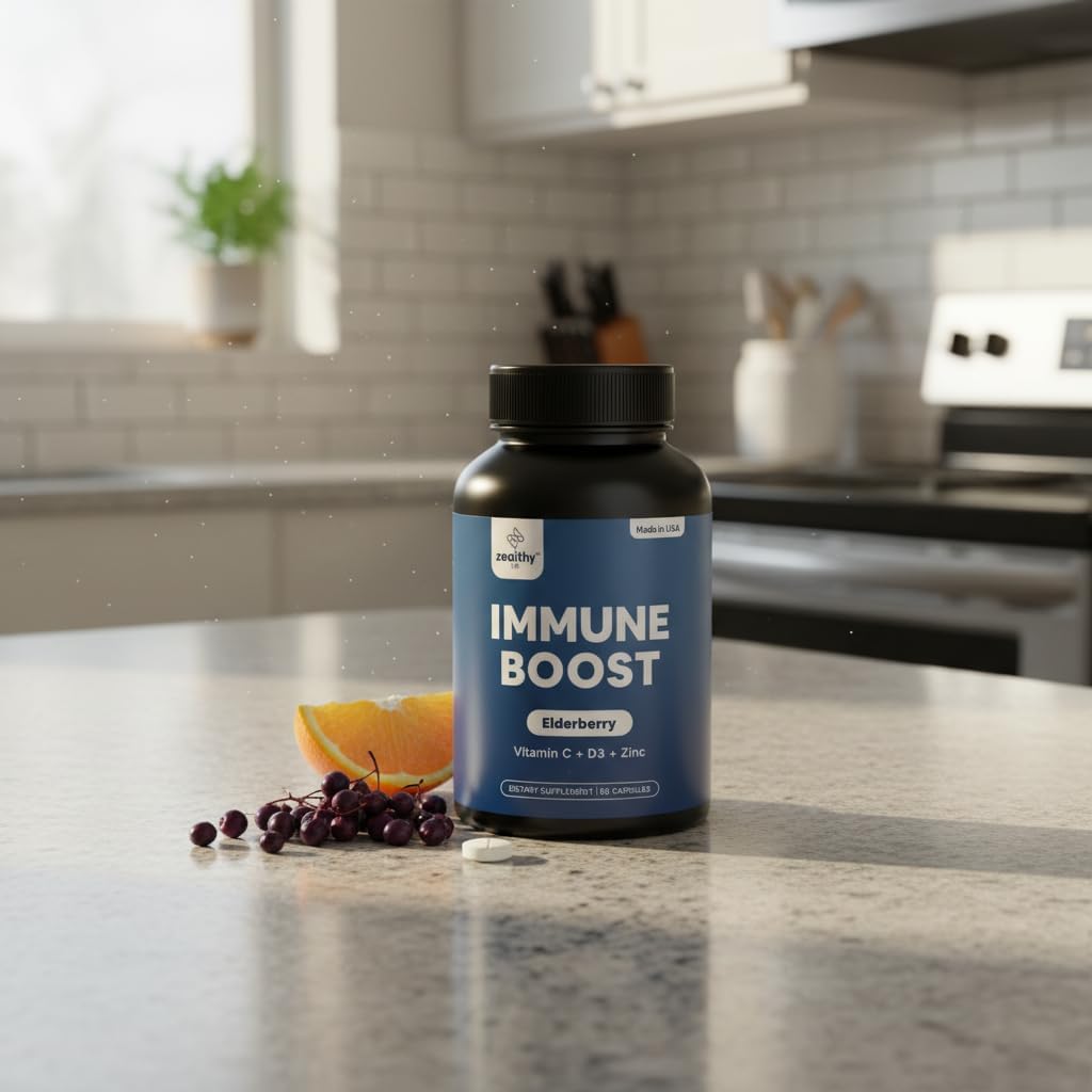 Immune Support Capsules for Adults with Elderberry, Vitamin C, Vitamin D3 & Zinc – Daily Immune Defense Supplement | Zealthy Life | 60 Capsules