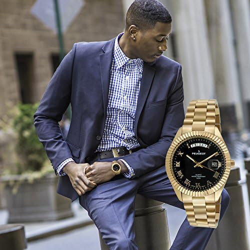 Peugeot Men's Stainless Steel Big Face Luxury Watch with Day Date Windows, Roman Numerals & Coin Edge Fluted Bezel Watch