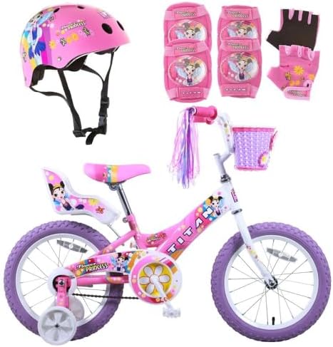 Titan Girls BMX Bike for Kids Ages 4-7, 16-Inch Wheels, 9-Inch Frame, Training Wheels, Toy Seat, Doll Basket, Streamers, First Bike, Princess Bicycle, Gift for Girls