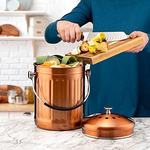 RED FACTOR Premium Compost Bin for Kitchen Countertop - Stainless Steel Food Waste Bucket with Innovative Dual Filter Technology - Includes Spare