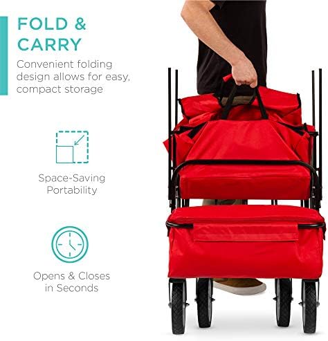 Best Choice Products Collapsible Folding Outdoor Utility Wagon with Canopy Garden Cart for Beach, Picnic, Camping, Tailgates w/Removable Canopy, Detachable Pockets, 150lb Weight Capacity - Red