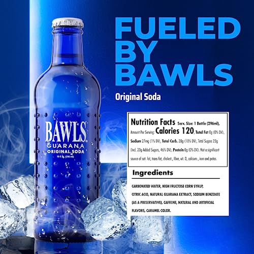 BAWLS Guarana Original - Guarana Fueled Soda for Energy, High Energy Caffeinated Drink, 10oz 24 Pack Glass Bottles