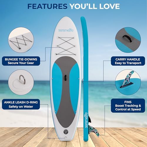 SereneLife 10’ Inflatable Stand Up Paddle Board with Premium SUP Accessories - Wide Stable Design with Non-Slip EVA Deck Pad, for Youth and Adults, 350 lbs. Capacity