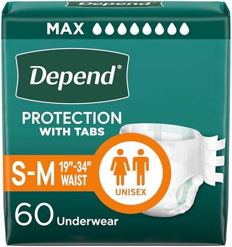 Depend Adult Diapers with Tabs, Incontinence Protection with Tabs, Unisex, Small/Medium (19–34" Waist, Up To 170 lbs), Maximum Absorbency, 60 Count (3 Packs of 20)