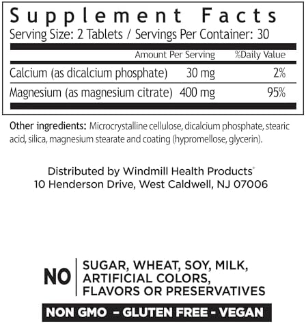 Windmill Natural Vitamins Magnesium Citrate 400 mg, Immune Support, Supports Healthy Heart, 60 Count, 30 Servings