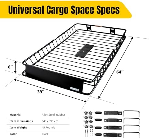 MaxxHaul Steel Roof Rack Cargo Basket, 46" x 36" x 4.5" Roof Top Carrier, Universal Fit for Cars, SUVs, Vans, and RVs, 150 lb Capacity, Weather-Resistant Easy-Install Cargo Storage (70115)
