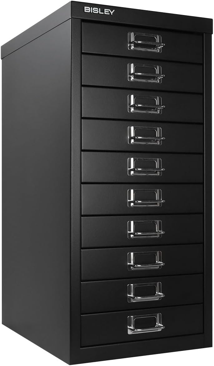 5-Drawer Steel MultiDrawer Cabinet - Orange, by Bisley | Chrome Pull Handles with Label Holders, Powder-Coated Steel, Removable Drawers, Desktop Storage, Labels Included