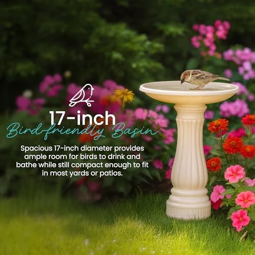Union Products Bird Bath for Outside, Round Outdoor Patio Lawn and Garden Decor with Fillable Base for Stability, 17"D x 25"H, White