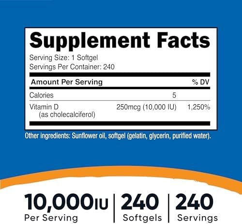 Nutricost Vitamin D3 (10,000 IU) 240 Softgels, GMO-Free, Potent | Gluten Free Vitamin D