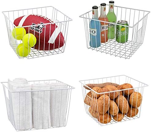 Freezer Organizer Bin, Kitchen Metal Wire Storage Basket, Pantry Cupboard Household Container Divider with Handles, Bathroom, Closet, Bedroom, Office
