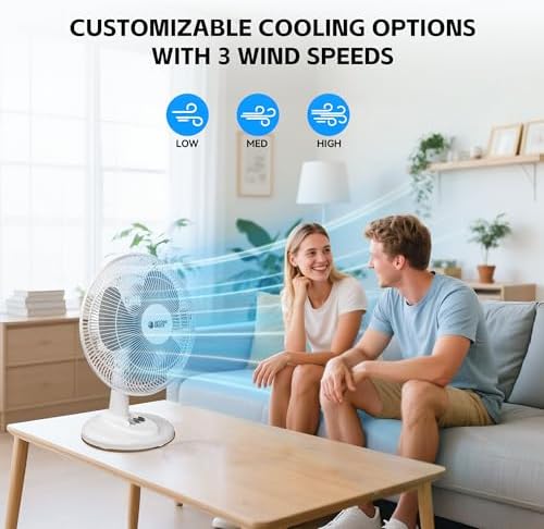 BEYOND BREEZE Oscillating Table Fan for Bedroom, 12-Inch & 3 Speeds, White