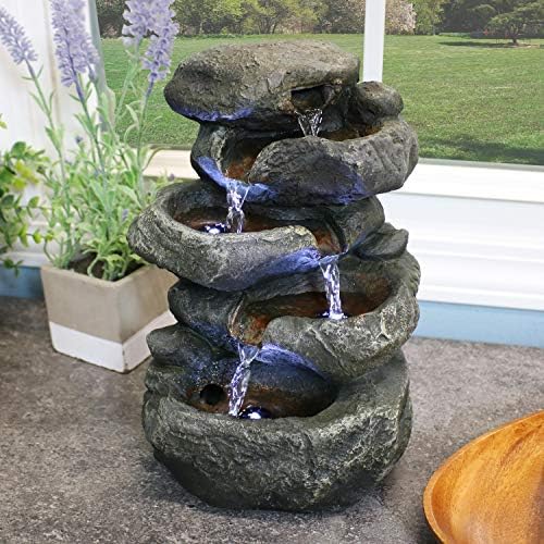 Sunnydaze 10" 5-Step Tabletop Water Fountain with LED Lights, Stacked Rocks | Rock Water Fountain with Calm Sounds for Meditation