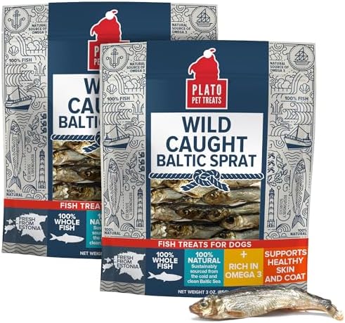 PLATO Single Ingredient Wild-Caught Baltic Sprat Dog Treats, Air-Dried Whole Fish, Omega-Rich Skin & Coat Support, 3 oz