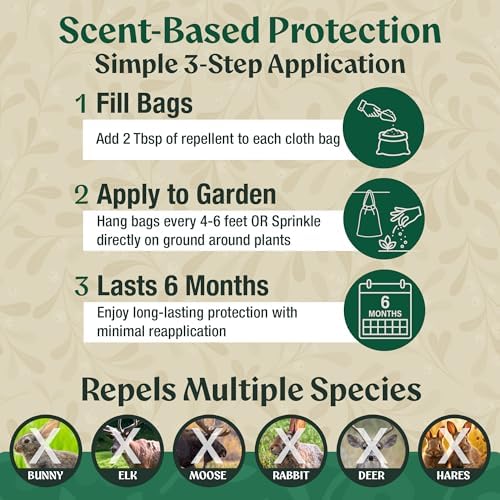 Deer & Rabbit Repellent – All Natural Scent-Based Animal Protection – Safe for Pets & Plants – Long-Lasting Up to 6 Months – Repels Elk, Moose & Rodents – 2 lbs with 10 Refillable Bags