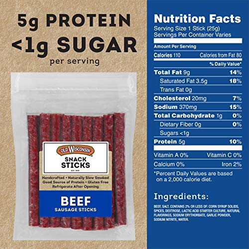 Old Wisconsin Beef Sausage Snack Sticks, Naturally Smoked, Ready to Eat, High Protein, Low Carb, Keto, Gluten Free, 26 Ounce Resealable Package