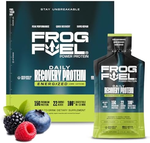 Frog Fuel Power Liquid Protein Shot, 15g Protein, Berry, 24 pk | Nano Hydrolyzed Grass Fed Collagen, Post Workout, 22 Amino Acids, Sugar & Fat Free, Gluten Free, 0 Carbs, 1 oz Shots