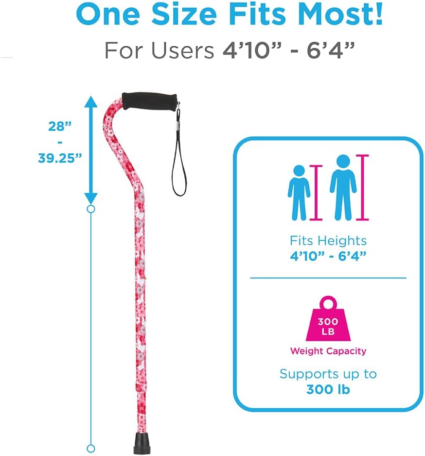 NOVA Designer Walking Cane with Offset Handle, Lightweight Adjustable Walking Stick with Carrying Strap, “Maui Flowers” Design