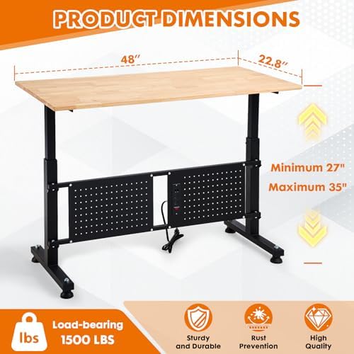 48" Adjustable Workbench, Work Table with Wheels and Power Outlet | 2000LBS Load Capacity Rubber Wood Top Workstation, Heavy-Duty Craft Table for Garage Workshop