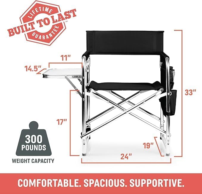 PICNIC TIME Sports Chair with Side Table and Armrest Caddy, Lightweight Aluminum Folding Outdoor Camping Chair for Adults, Portable Director Style Lawn Seating with Pockets & Carry Strap, (Navy Blue)