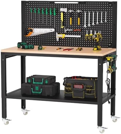 Antifir 60" Adjustable Workbench, Heavy Duty Wood Workstation | Garage Workbench, 2000 LBS Load Capacity, Work Table with Power Outlet and Foot Pads for Commercial, Workshop, Office, Home