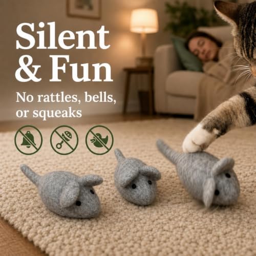 Cat Mouse Toy - 3 Felted Wool Mouse Toys Without Catnip for Indoor Cats and Kittens - Large Handmade Mice