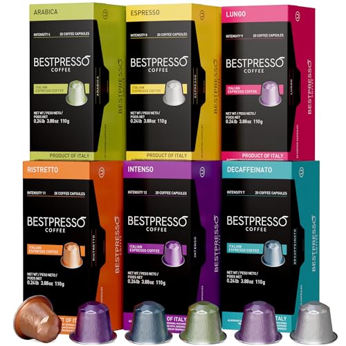 Bestpresso Coffee for Nespresso Original Machine 120 pods Certified Genuine Espresso Variety Pack includes one pack of decaf coffee