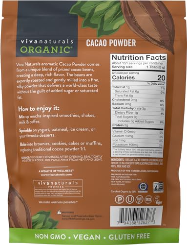 Organic Cacao Powder, Unsweetened, 1 lb (454 g) – Rich Dark Chocolate Flavor, Perfect for Baking, Smoothies & Hot Chocolate – Vegan, Keto, Paleo, Non-GMO & Gluten-Free Cocoa Powder