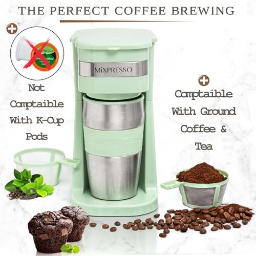 Mixpresso Single Serve & Single Cup Coffee Maker with 14oz Travel Mug Black | For ground coffee only, reusable filter, auto shut off. Compact personal drip coffee maker, not compatible with K-Cup pods.