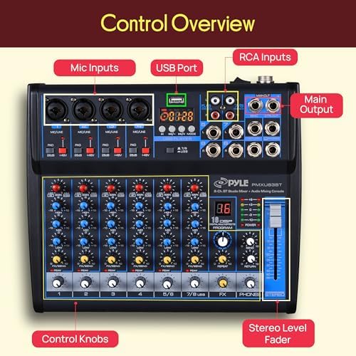 Pyle 8 Channel DJ Audio Mixer, Bluetooth, DSP FX, USB, Audio Interface | +48V Phantom Power, 16Bit DSP Processor, USB-A MP3 Player