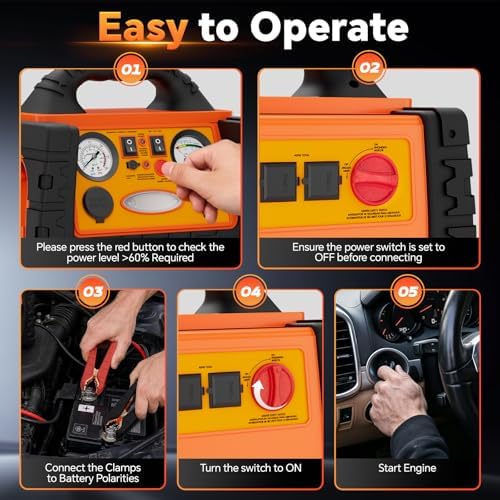 Portable Jump Starter with Air Compressor, FlyAuto 2200A Battery Booster for Cars, Trucks & SUVs, Up to 8.5L Gas & 8.0L Diesel, 150PSI Tire Inflator