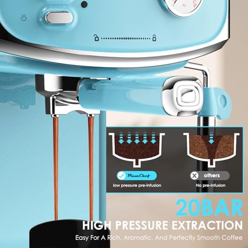 Plum chef Espresso Machine 20 Bar, Household Coffee Maker with Milk Frother Steam Wand, Pressure Gauge, 54oz Large Water Tank, Low Noise Fast Brew for Cappuccino Latte Macchiato Home Office