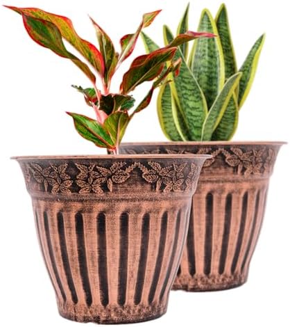 Doric Order Inspired Set of 2 Fancy Plastic Planters 10X8 in Nursery Flowerpot for Indoor Outdoor Garden Patio Office Home Decor Long Lasting