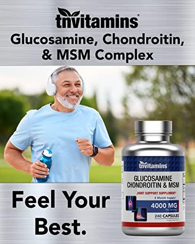 tnvitamins Glucosamine Chondroitin MSM Capsules, 240 Count | 4, 000 mg Per Serving | 2, 000 mg Glucosamine Sulfate 2KCl + 2