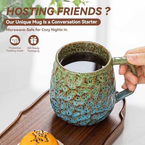 18oz Unique Kiln-Change Ceramic Coffee Mug, Handcrafted Hammered Texture Ceramic Mug with Ergonomic Handle, Microwave & Dishwasher Safe