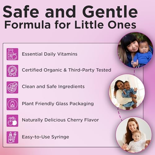 Organic Liquid Baby Multivitamin Drops Cherry Flavor (1 Fl Oz) 2 Months+ | Multivitamins Drops for Infants & Toddlers - Toddler Vitamins for Immune