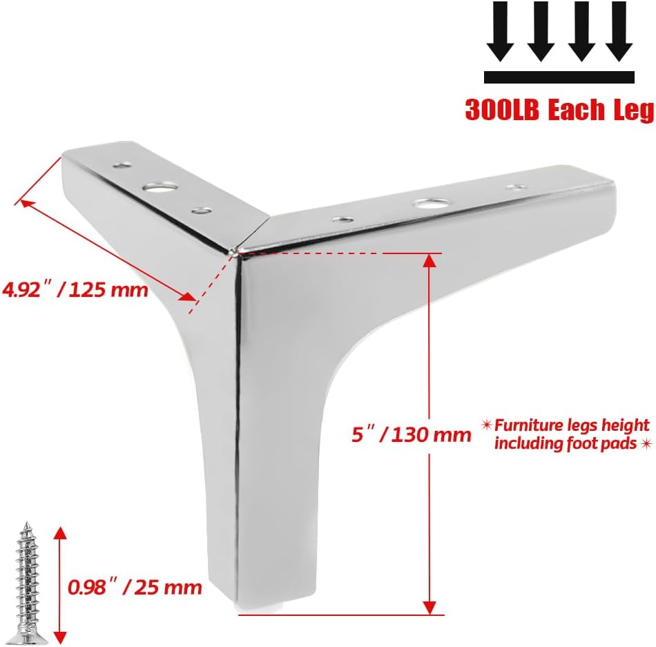 4 Pack 4 Inch Furniture Legs, Chrome Metal Polished Triangle Feet