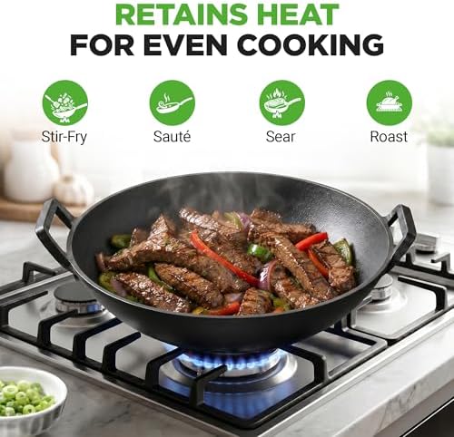 NutriChef 14" Cast Iron Wok with Wooden Lid - Pre-Seasoned Kadai for Stir-Fry with Loop Handles, Compatible with Multiple Cooktops Including Induction