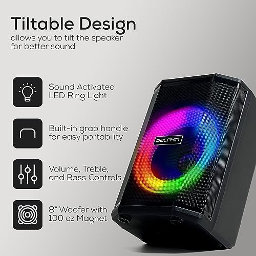 Dolphin Bluetooth Party Speaker with Wireless Microphone, 8" Woofer | 40W RMS, Tiltable Design, WaveSync TWS, LED Ring Light, USB/TF/AUX/FM
