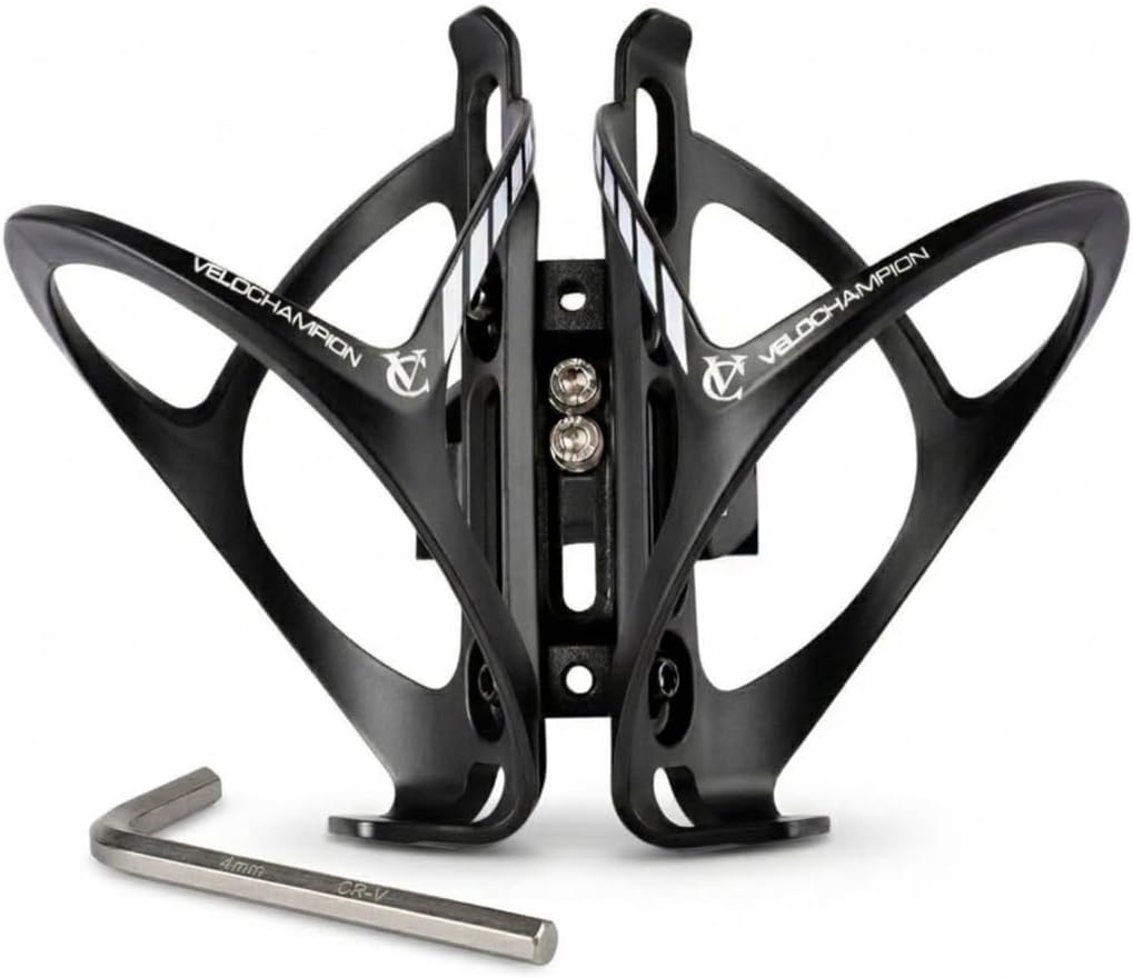 VeloChampion Universal Bike Water Bottle Holder Mount & 2 Cages, Standard | Rear Bike Saddle Bottle Cage Mount for Triathlon & Road Cycling. Holds 2 Bottles up to 750ml, Fits Saddle Rails 50-80mm