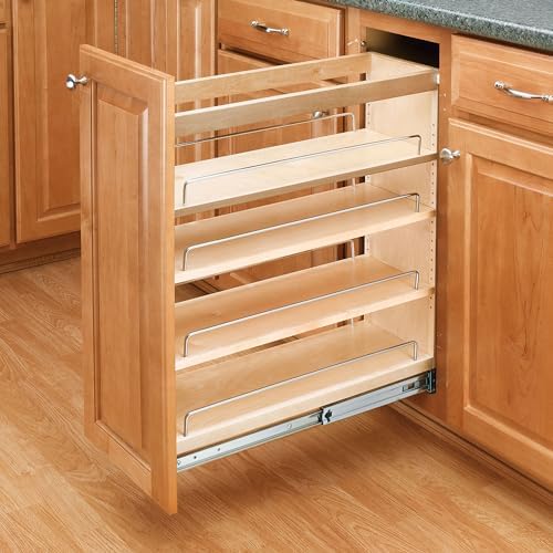 Rev-A-Shelf Pullout Kitchen Cabinet Organizer, Min Cabinet Opening 8.5" W | 8" W Slide Out Pantry Spice or Utensil Storage Rack with Adjustable Shelves for Base Cabinet Organization, 448-BC-8C