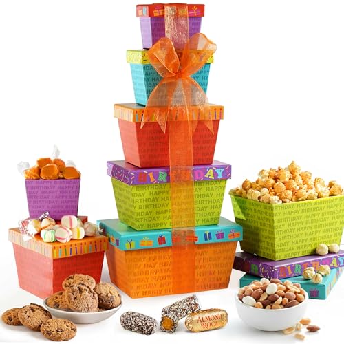 Broadway Basketeers Fun Filled Birthday Gift Basket, Savory Snacks & Sweet | Happy birthday snack boxes with cookies, popcorn, and candy for women, mom, sister, and coworkers.