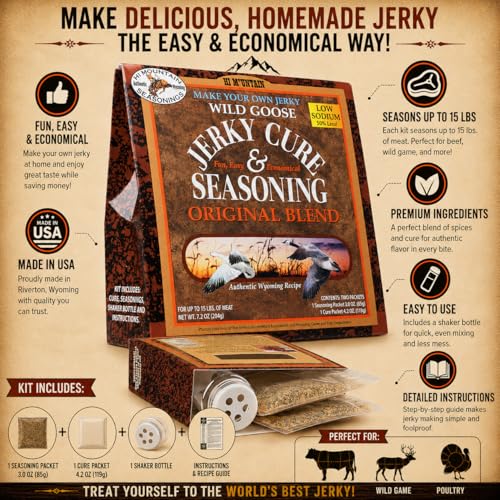 Hi Mountain Goose Jerky Seasoning & Cure Kit | MEQUITE | Makes 15 lbs | Make homemade goose, duck & waterfowl jerky with bold mesquite smoke flavor for smoker, dehydrator & oven