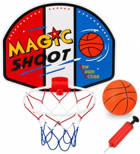 Indoor Mini Basketball Hoop Set, 16 x 13 in Backboard, Ball and Manual Pump | Over The Door Basketball Hoop With 9-Inch White Rim, 4.5-Inch Ball